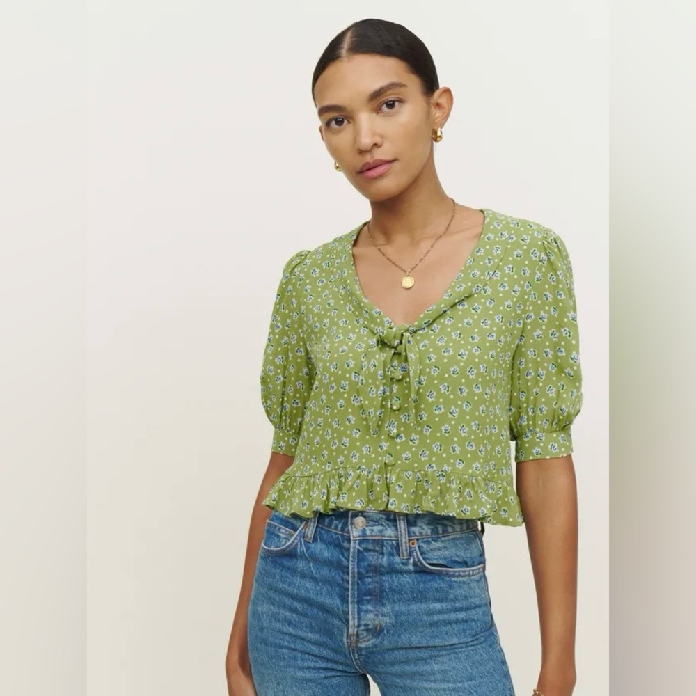 Reformation Green Floral Blouse